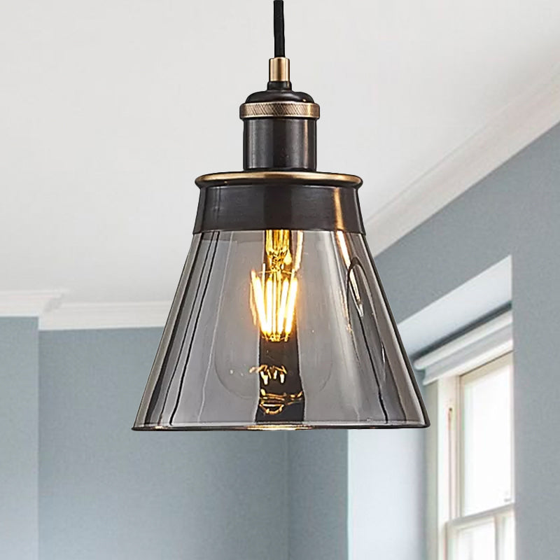 Industrial Brass Pendant Light with Clear/Amber/Smoked Glass Cone - Indoor Hanging Lamp