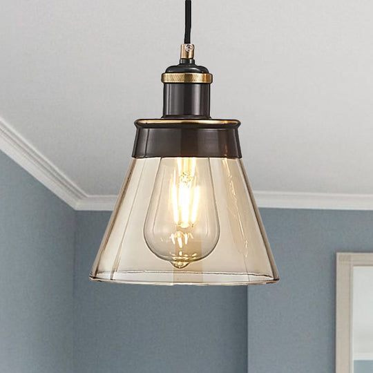 Industrial Brass Pendant Light with Clear/Amber/Smoked Glass Cone - Indoor Hanging Lamp