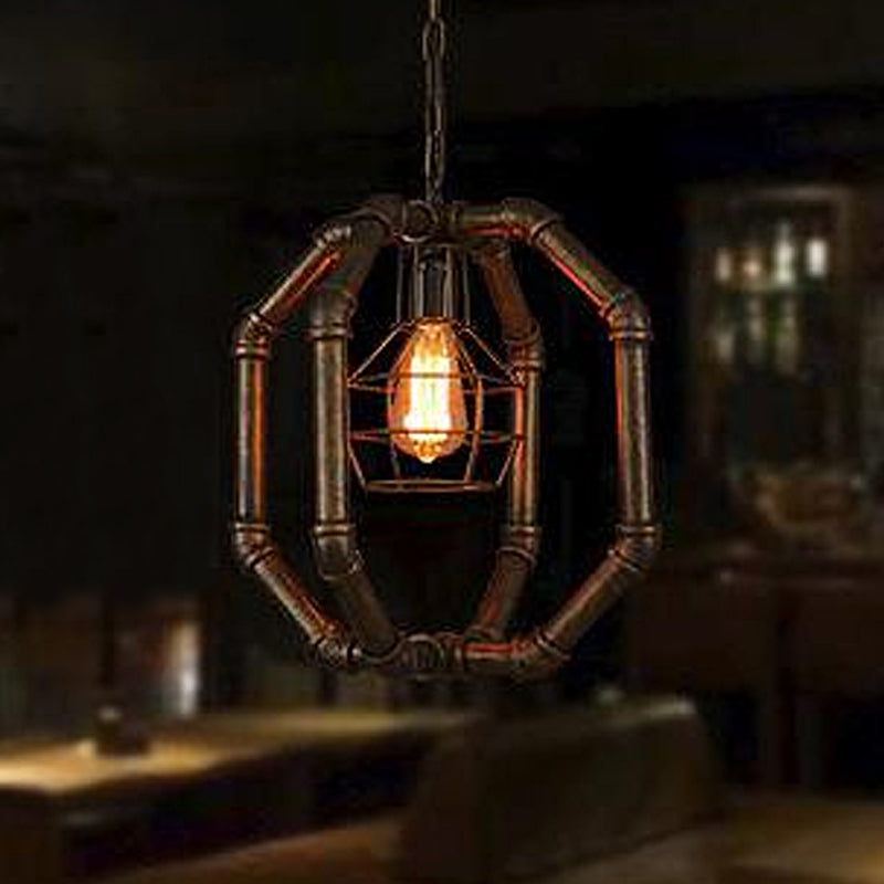 Farmhouse Style Metal Hanging Lamp with Brass Water Pipe Design - Restaurant Ceiling Fixture with Inner Dome Cage Shade