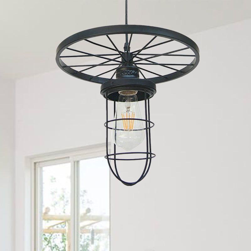 Industrial-Style Black Metal Wire Cage Ceiling Fixture Pendant Light with Wheel Deco - Dining Room and More!