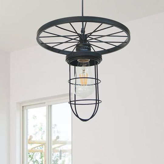 Industrial-Style Black Metal Wire Cage Ceiling Fixture Pendant Light with Wheel Deco - Dining Room and More!