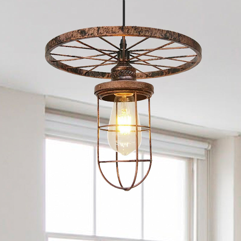 Industrial Bronze Wire Frame Hanging Lamp with Wrought Iron Details and Restaurant Ceiling Mount