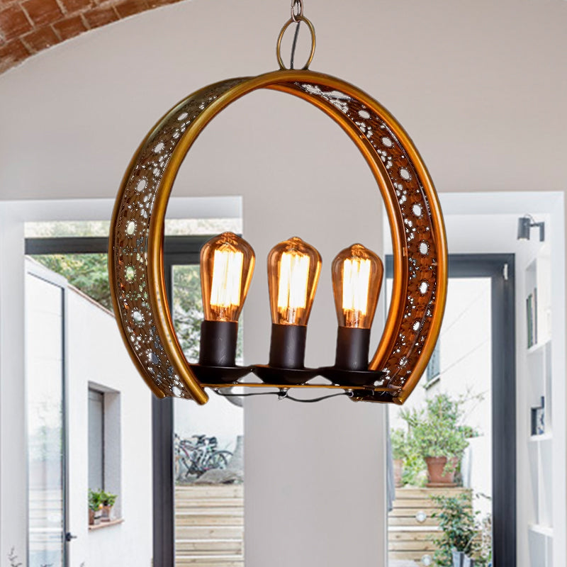 Metal Hanging Light: Brass Industrial Chandeliers - Bare Bulb, 3-Light for Living Room