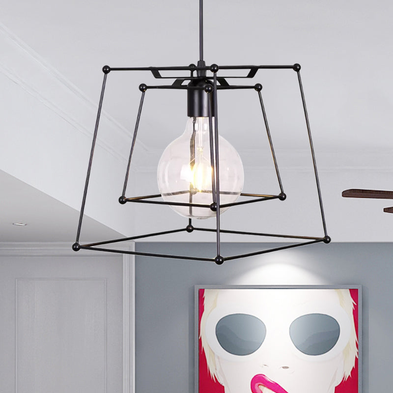 Industrial Black Metal Pendant Light With Trapezoid Cage Shade - Perfect For Living Room And Hanging