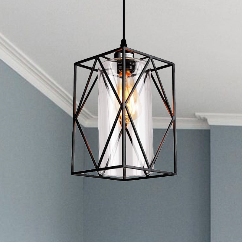 Farmhouse Pendant Ceiling Light: Black Cylinder with Clear Glass/Fabric, Plug-in for Living Room