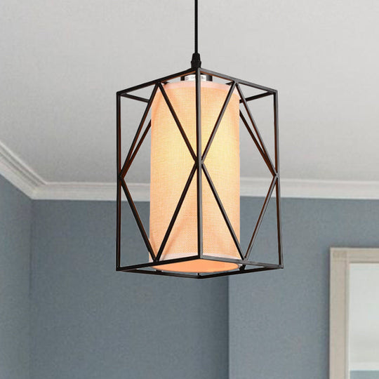 Farmhouse Pendant Ceiling Light: Black Cylinder with Clear Glass/Fabric, Plug-in for Living Room