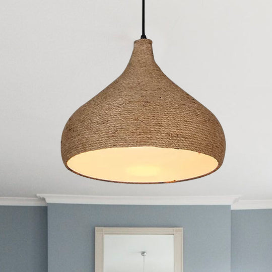 Hemp Rope Teardrop Pendant Light - Lodge Style Beige 1 Bulb Perfect For Living Room Suspension