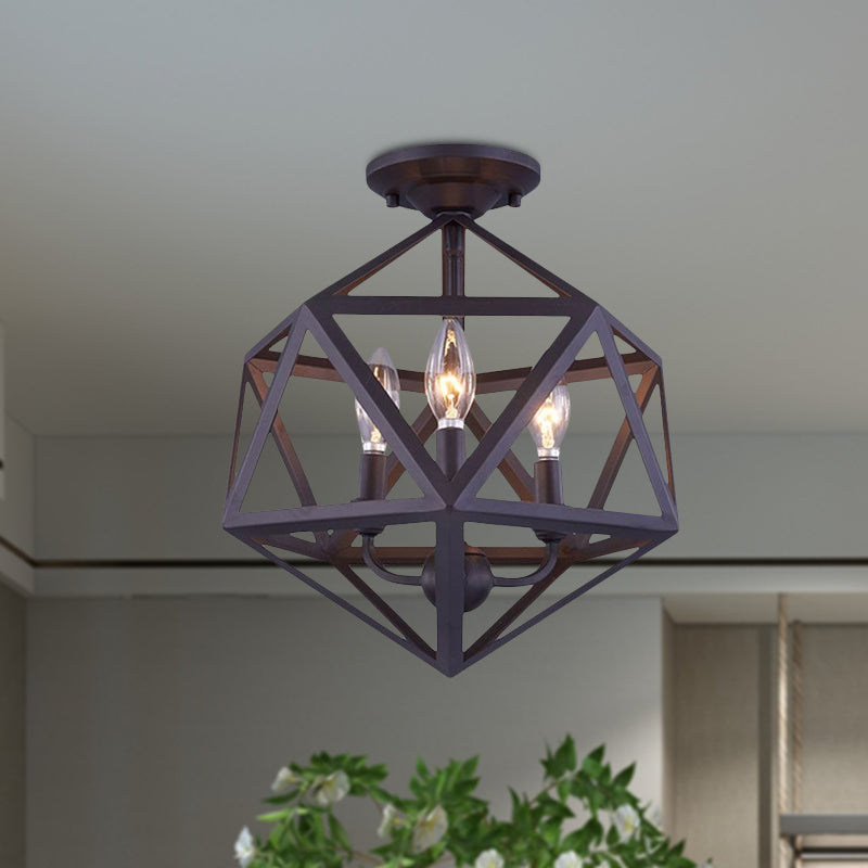 Prism Cage Metallic Semi Flush Light - Industrial Style 3 Bulb Ceiling Lamp, Bronze Finish