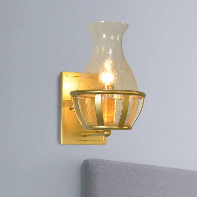 Industrial Gold Seeded Glass Vase Sconce For Bathroom Wall Lighting