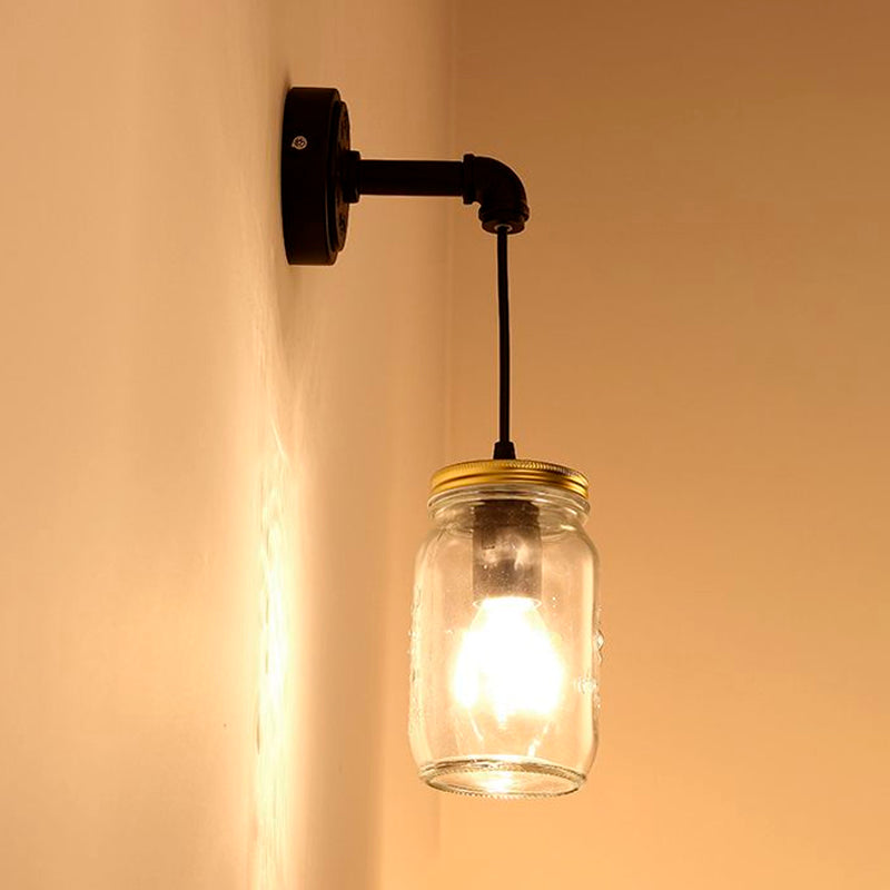 Clear Glass Black Wall Sconce With Industrial Lighting Jar Shade - 1-Light Fixture For Corridor