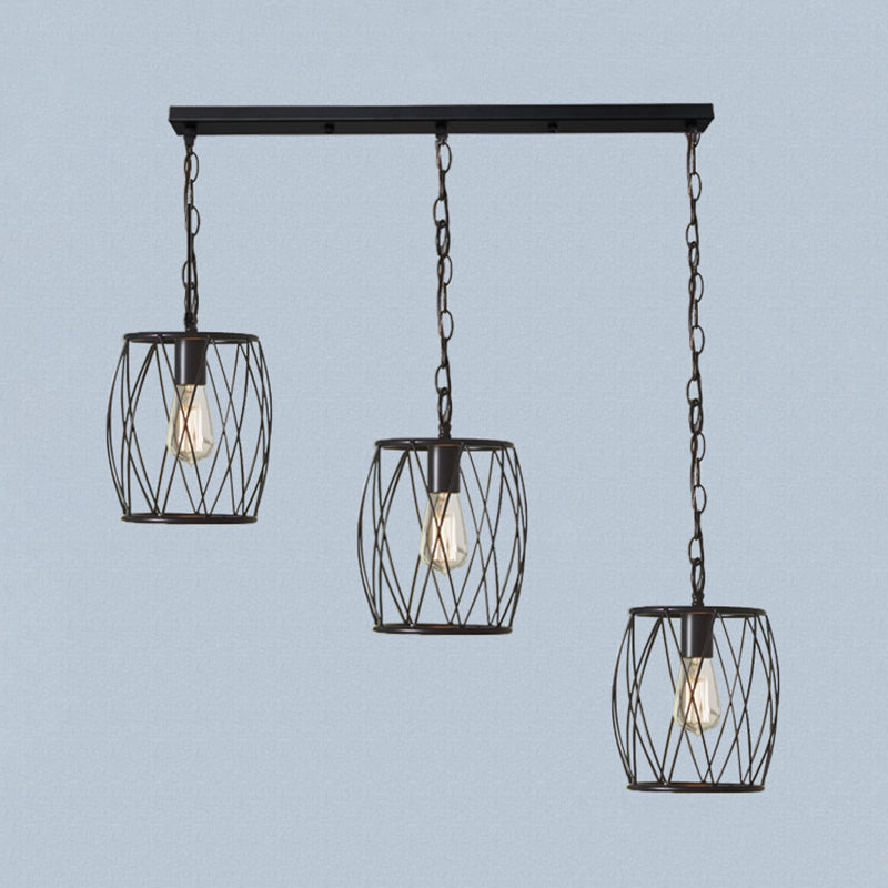 Industrial Black Hanging Lamp With 3 Bulbs And Stylish Metal Lantern Cage Shade - Foyer Suspension