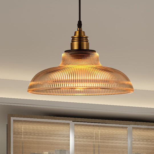 Farmhouse Style Brass Dome Pendant Light with Ribbed Glass Shade for Living Room Ceiling