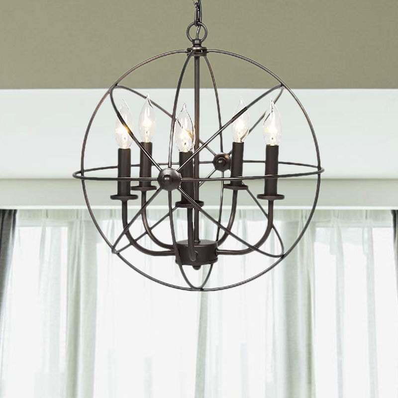 Vintage Metal Strap Globe Chandelier Pendant Light - 5 Bulb Hanging Lamp in Black, Ideal for Restaurants