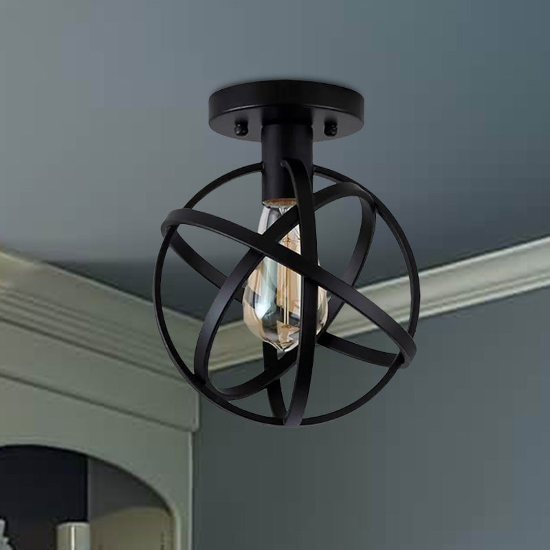 Retro Stylish Orb Cage Ceiling Pendant Light - Black Metallic Semi Flush Fixture with 1 Bulb for Balcony