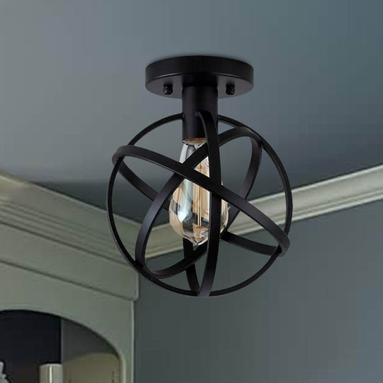 Retro Stylish Orb Cage Ceiling Pendant Light - Black Metallic Semi Flush Fixture with 1 Bulb for Balcony