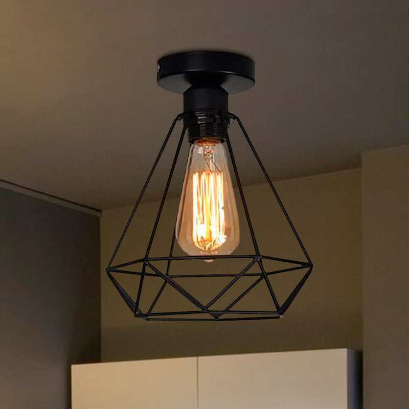 Industrial Style Single Head Iron Semi Flush Mount Ceiling Light - Black Cage Diamond Accent for Coffee Shops