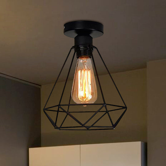 Industrial Style Single Head Iron Semi Flush Mount Ceiling Light - Black Cage Diamond Accent For