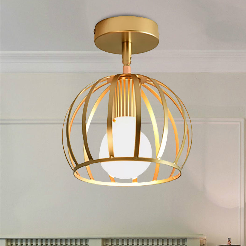 Triangle Brass Semi-Flush Bedroom Ceiling Lamp with Industrial Wire Frame