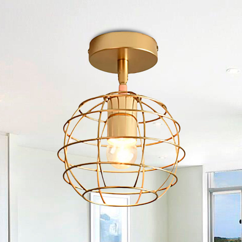 Triangle Brass Semi-Flush Bedroom Ceiling Lamp with Industrial Wire Frame