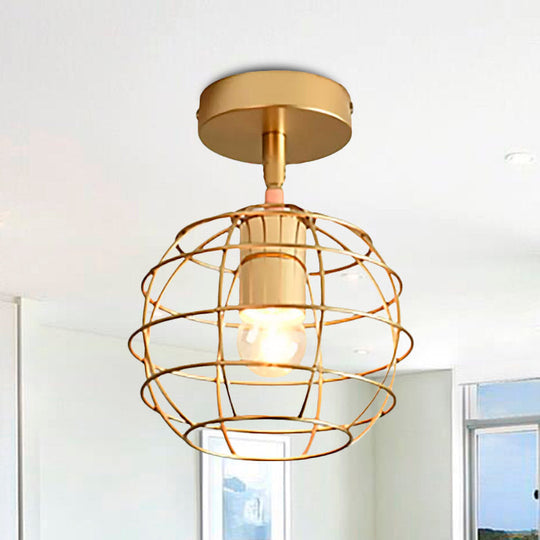 Triangle Brass Semi-Flush Bedroom Ceiling Lamp With Industrial Wire Frame