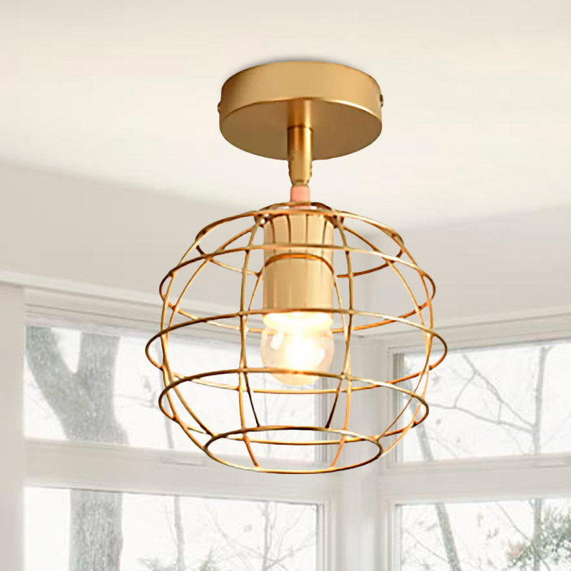 Triangle Brass Semi-Flush Bedroom Ceiling Lamp with Industrial Wire Frame