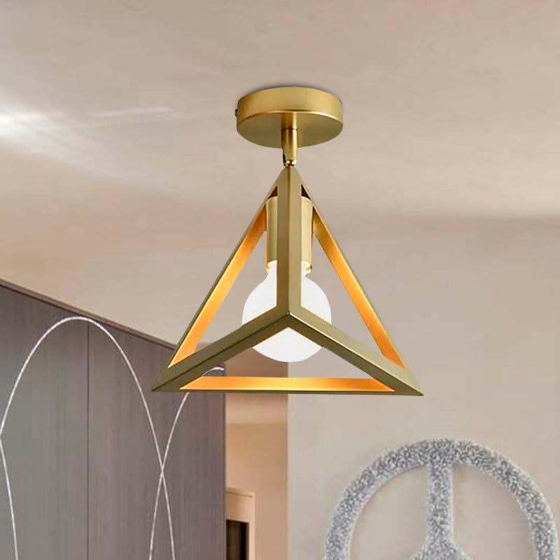 Triangle Brass Semi-Flush Bedroom Ceiling Lamp with Industrial Wire Frame