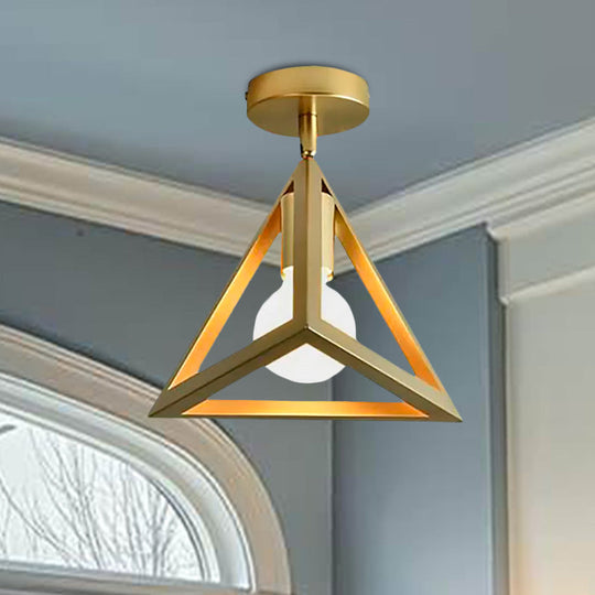 Triangle Brass Semi-Flush Bedroom Ceiling Lamp with Industrial Wire Frame