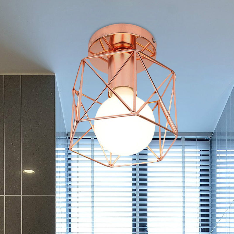 Copper Iron Loft Style Semi Flush Mount Light with Geometric Cage Shade - Bedroom Ceiling Fixture