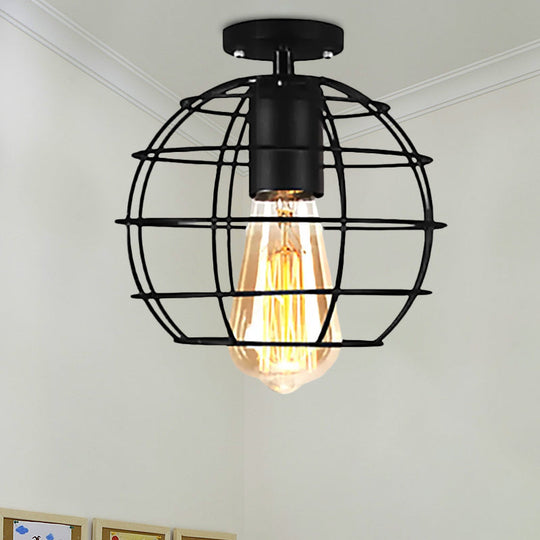 Farmhouse Style Semi Flush Mount Ceiling Light - Global/Barrel Iron with Wire Guard, 1 Light, Black Finish