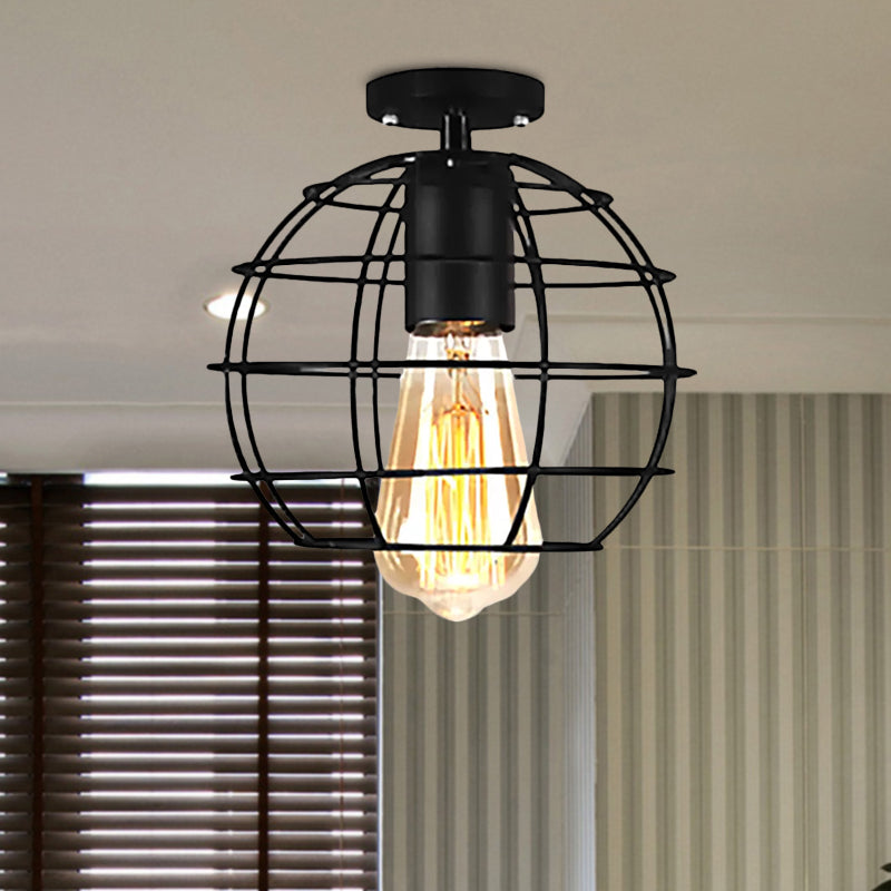 Farmhouse Style Semi Flush Mount Ceiling Light - Global/Barrel Iron with Wire Guard, 1 Light, Black Finish