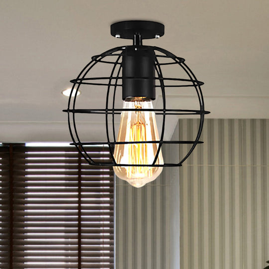 Farmhouse Style Semi Flush Mount Ceiling Light - Global/Barrel Iron with Wire Guard, 1 Light, Black Finish