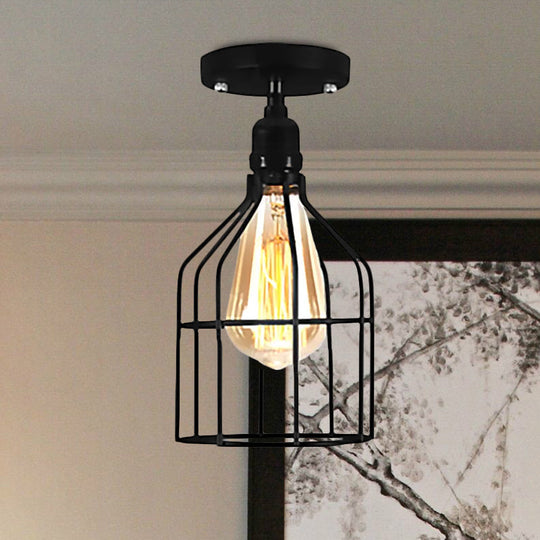 Farmhouse Style Semi Flush Mount Ceiling Light - Global/Barrel Iron with Wire Guard, 1 Light, Black Finish