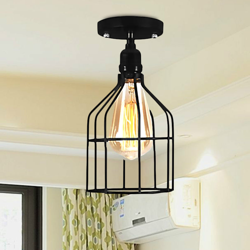 Farmhouse Style Semi Flush Mount Ceiling Light - Global/Barrel Iron with Wire Guard, 1 Light, Black Finish