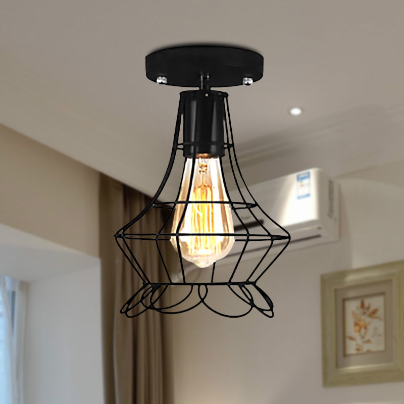 Farmhouse Style Semi Flush Mount Ceiling Light - Global/Barrel Iron with Wire Guard, 1 Light, Black Finish