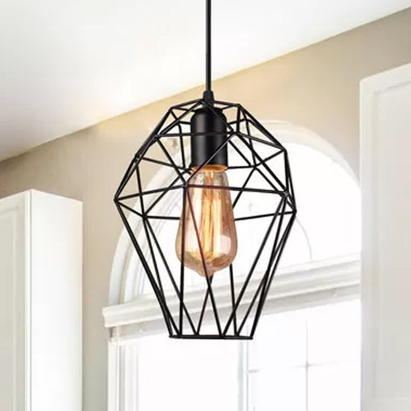 Industrial Black Metallic Wire Cage Ceiling Pendant Light with Geometric Shade