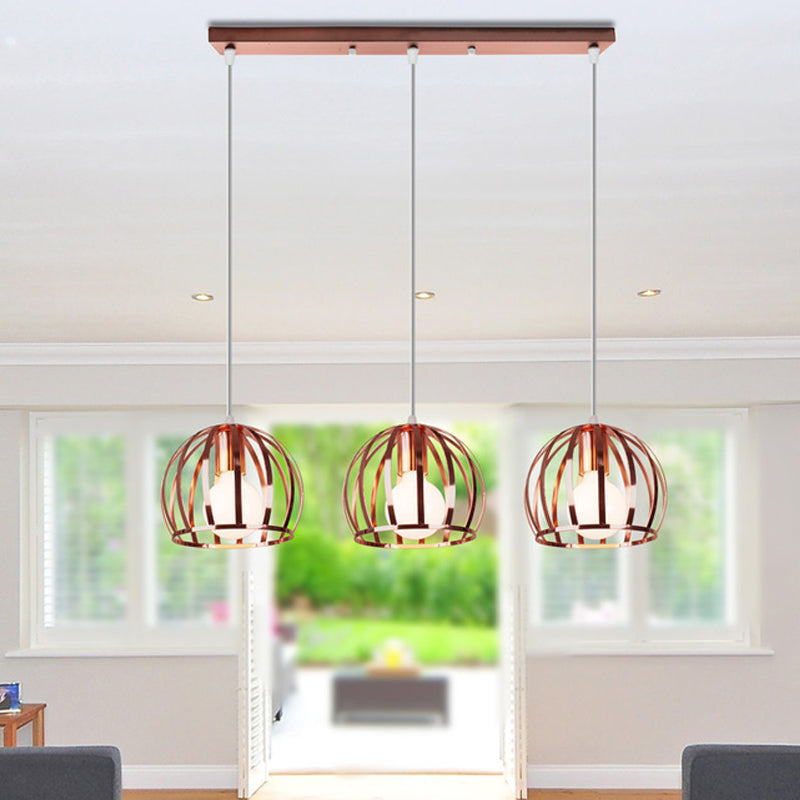 Copper Industrial Pendant Lamp with 3 Metal Dome Shades and Wire Cage - Perfect for Living Room Ceiling