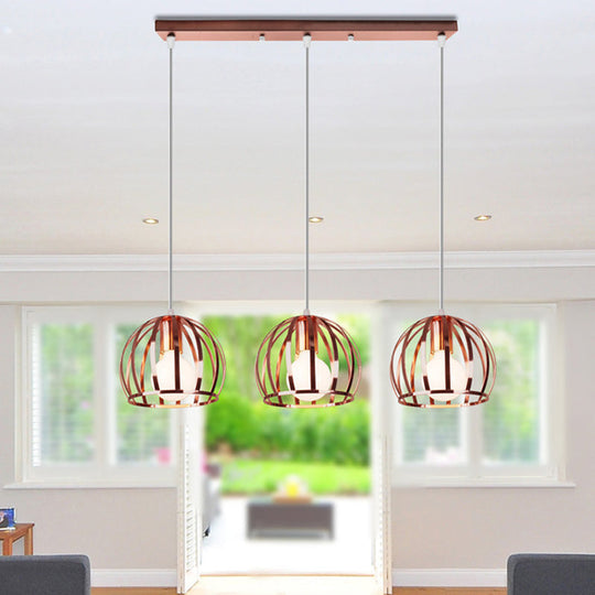 Industrial Copper Domed Metal Hanging Lamp With Wire Cage Shade - 3 Heads Ceiling Pendant For Living