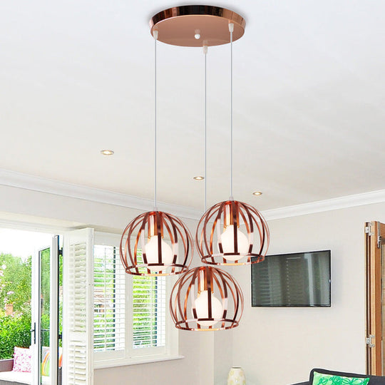 Copper Industrial Pendant Lamp with 3 Metal Dome Shades and Wire Cage - Perfect for Living Room Ceiling