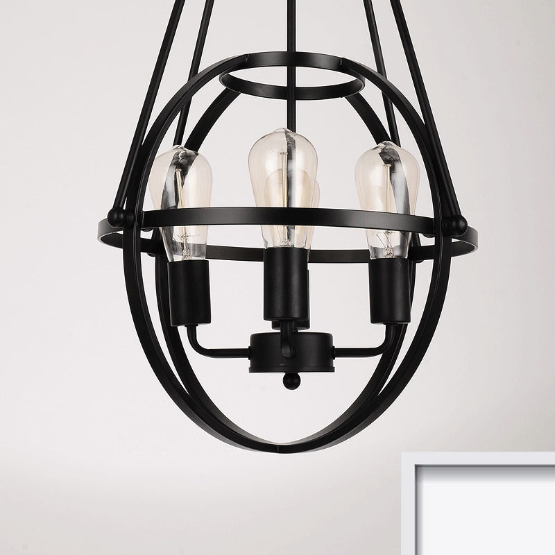 Industrial Black Metal Chandelier With Cage Shade - 4 Light Heads For Living Room