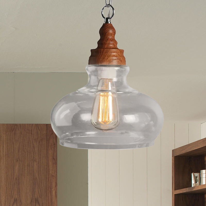 Vintage Oval Wood Pendant Ceiling Light with Clear Glass - Perfect for Dining Room Lighting