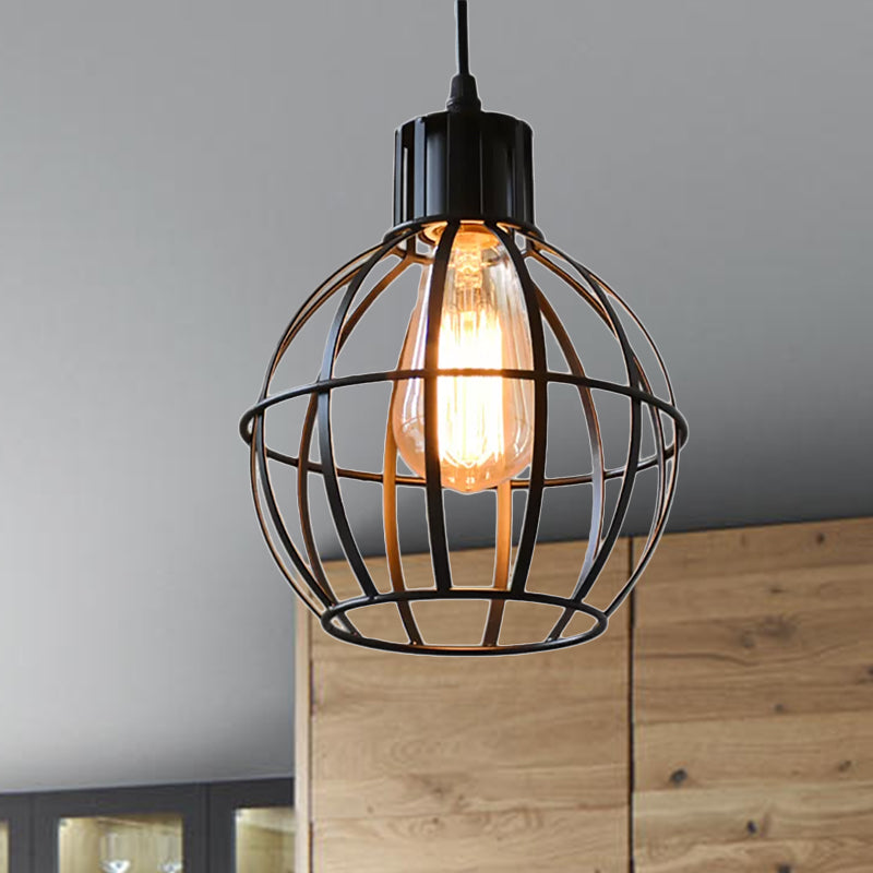 Industrial Metal Ball Cage Shade Pendant Light With Black Finish - Perfect For Restaurants