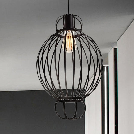 Vintage Industrial Black Wire Cage Pendant Lamp with Lantern Design - Restaurant Hanging Light Fixture - 1 Light