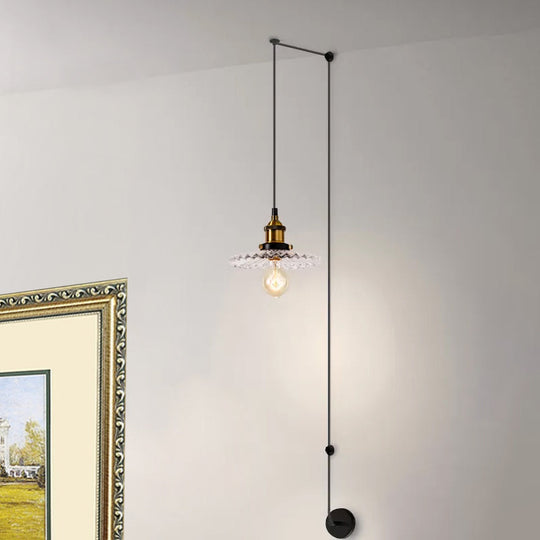 Brass Pendant Light Industrial Ribbed Glass Cone Lamp - Indoor Hanging