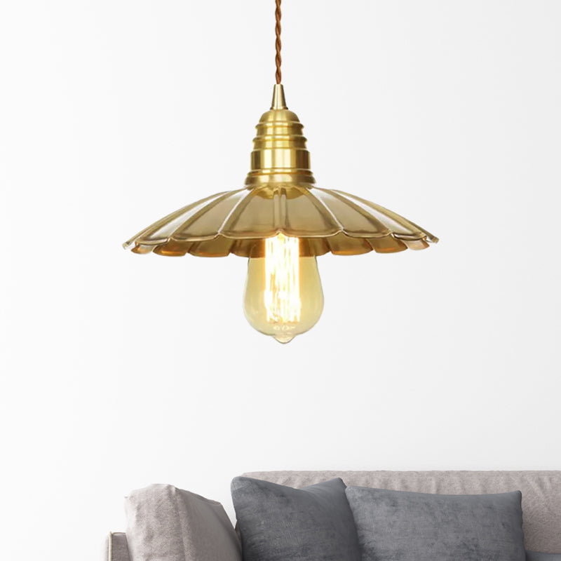 Mid-Century Brass Pendant Light with Amber Glass Shade for Dining Tables (9.5"/8" W, 1 Bulb)