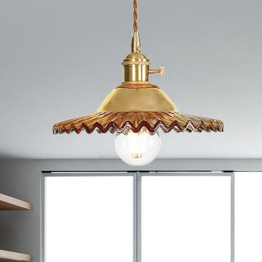 Industrial Scalloped Rose Gold Pendant Light with Amber Glass for Living Room Ceiling