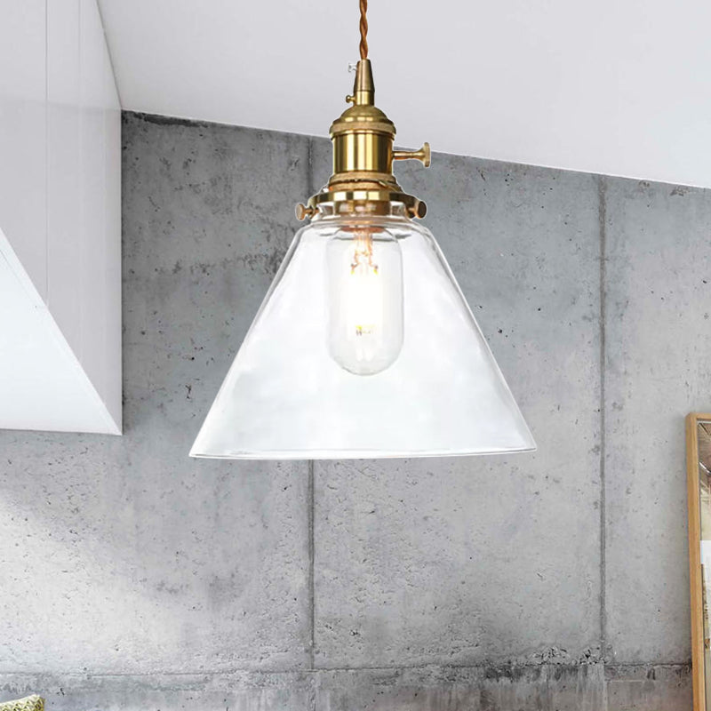 Farmhouse Brass Pendant Ceiling Light Fixture - Clear/Amber Glass Cone, 1-Light for Living Room