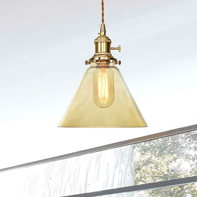 Farmhouse Brass Pendant Ceiling Light Fixture - Clear/Amber Glass Cone, 1-Light for Living Room