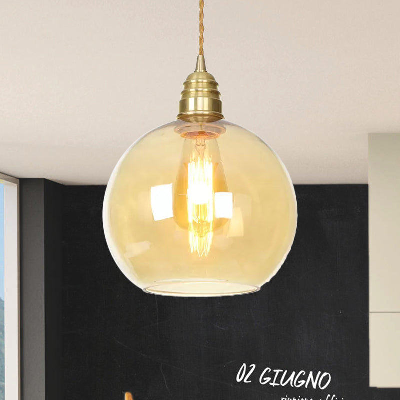 Amber Glass Pendant Lighting - Industrial Global Ceiling Light In Brass (8 /10 /12 Wide)