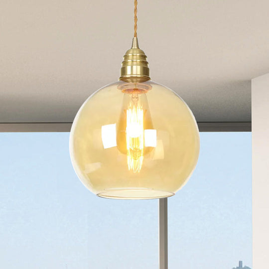 Amber Glass Pendant Lighting - Industrial Global Ceiling Light In Brass (8 /10 /12 Wide)