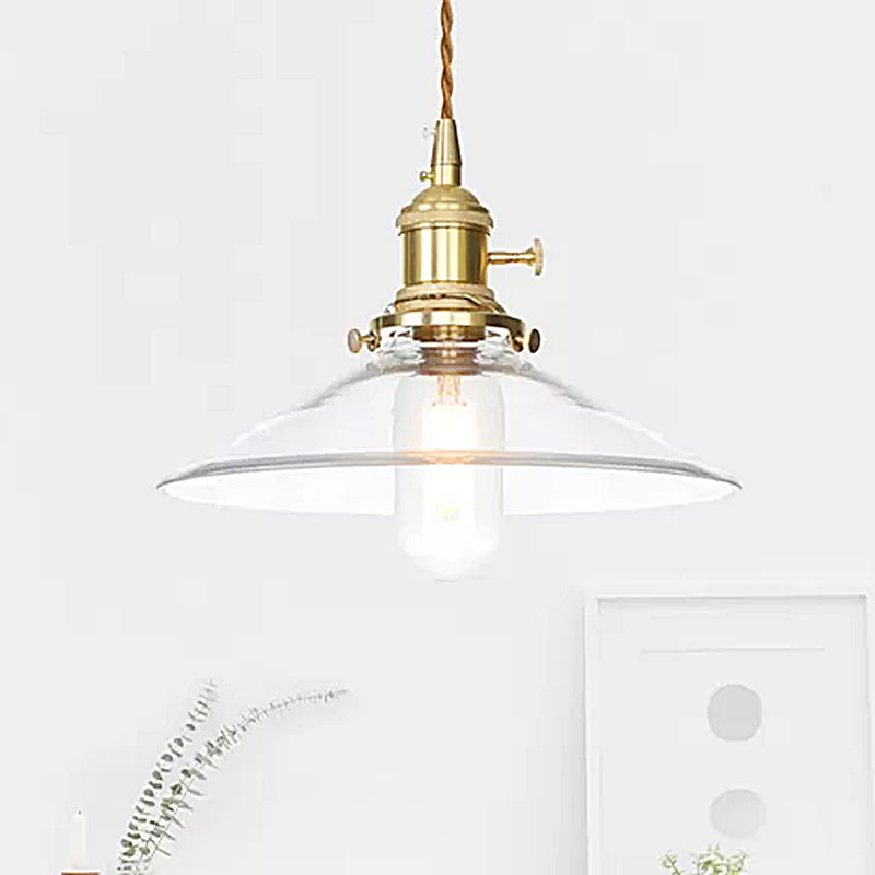 Industrial Clear Glass Saucer/Dome/Prismatic Brass Ceiling Pendant Light For Living Room